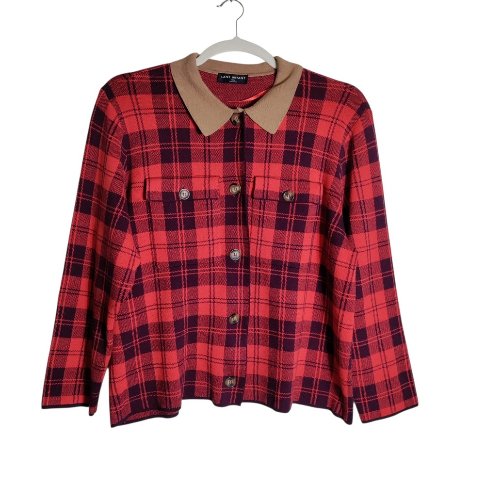 Lane‎ Bryant Red Black Plaid Cardigan Sweater Tan Collar Womens 18/20